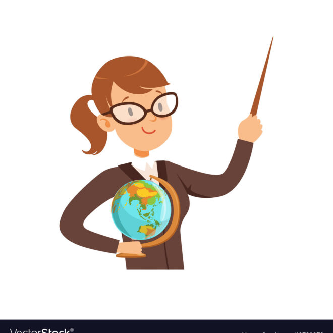 Teacher character with a pointer and globe vector Illustration on a white background